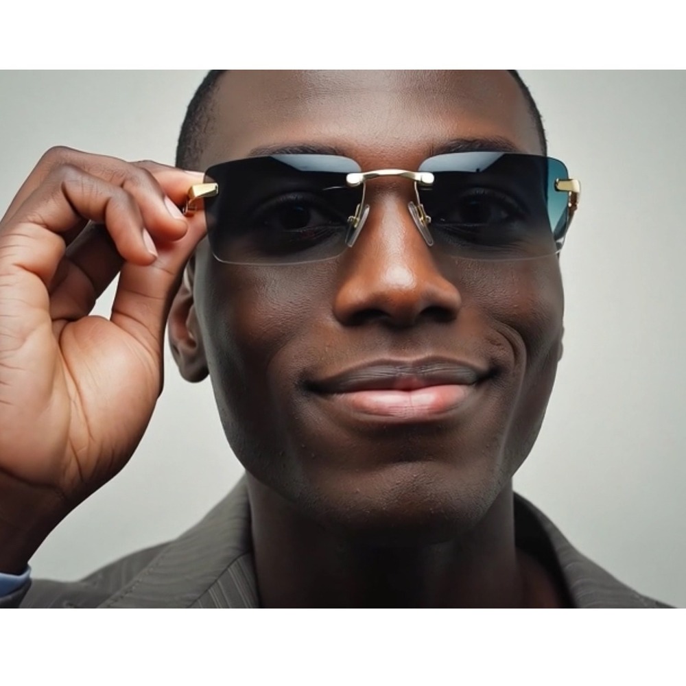 Rimless Sunglasses Green Lens Gold Accents White Arms Men's‎ Fashion Small Gafas